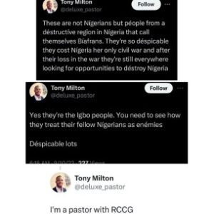 RCCG Pastor apologises after old tweets of him making disparaging comments about Igbos surfaced