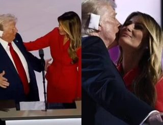 Trump gives his wife Melania a ‘very friendly kiss’ after she surprised him by making appearance at his Republican nomination event