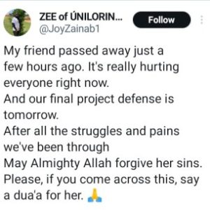  UNILORIN Final Year Student D!es A Day To Her Project Defence