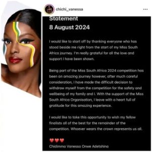 Chidimma Adetshina Withdraws From Miss South Africa Competition