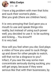 God gave you a mouth to use and speak not to suck – Nigerian lady slams men who lick ‘women’s plate’