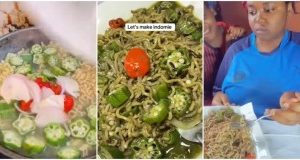 Lady causes serious buzz online as she prepares Noodles with Okra