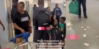 Lady tears husband’s international passport to pieces after they arrived at Lagos airport