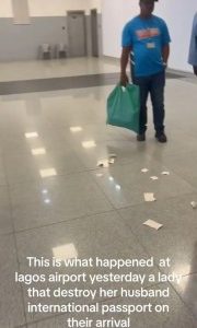 Woman destroys husband’s international passport as they arrive at the international airport in Lagos (video)