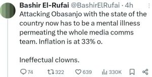 Hadiza El-Rufai publicly questioned her son, Bashir El-Rufai, after he criticised President Bola Tinubu’s aides for attacking former President Olusegun Obasanjo over his comments. 

Bashir, who is the son of former Kaduna State Governor, Nasir El-Rufai, took to X to attack Tinubu’s media team. 

He wrote on X: “Attacking Obasanjo with the state of the country now has to be a mental illness permeating the whole media comms team. Inflation is at 33% o. 