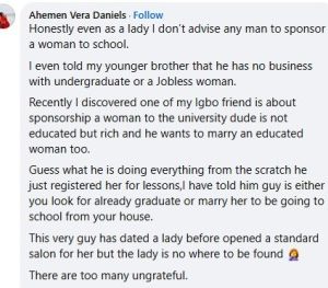 Don’t get into a relationship with an undergraduate or a jobless woman – Nigerian lady tells her younger brother