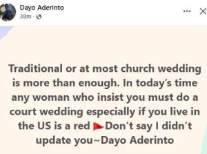 Any woman who insists you must do a court wedding is a red flag – Nigerian man tells men