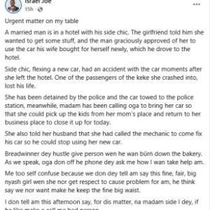 One passenger killed as side chick crashes into Keke while driving new car belonging to the wife of her lover