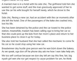 One passenger killed as side chick crashes into Keke while driving new car belonging to the wife of her lover